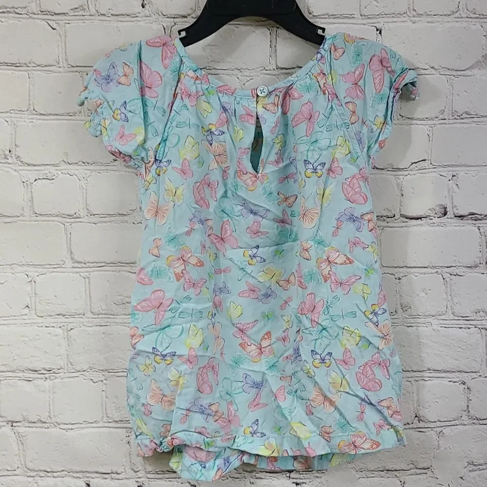 Carter's Blue Butterfly Print Top Pom Flutter Sleeve Shirt Pastel Aqua Blouse